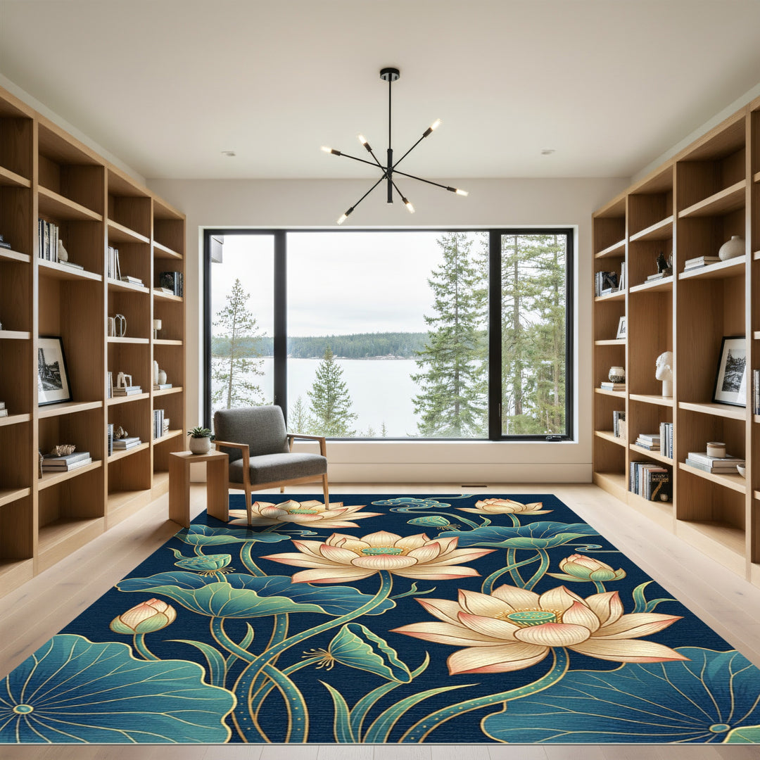 Elegant Lotus Flower Navy Rug
