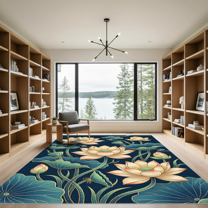 Elegant Lotus Flower Navy Rug