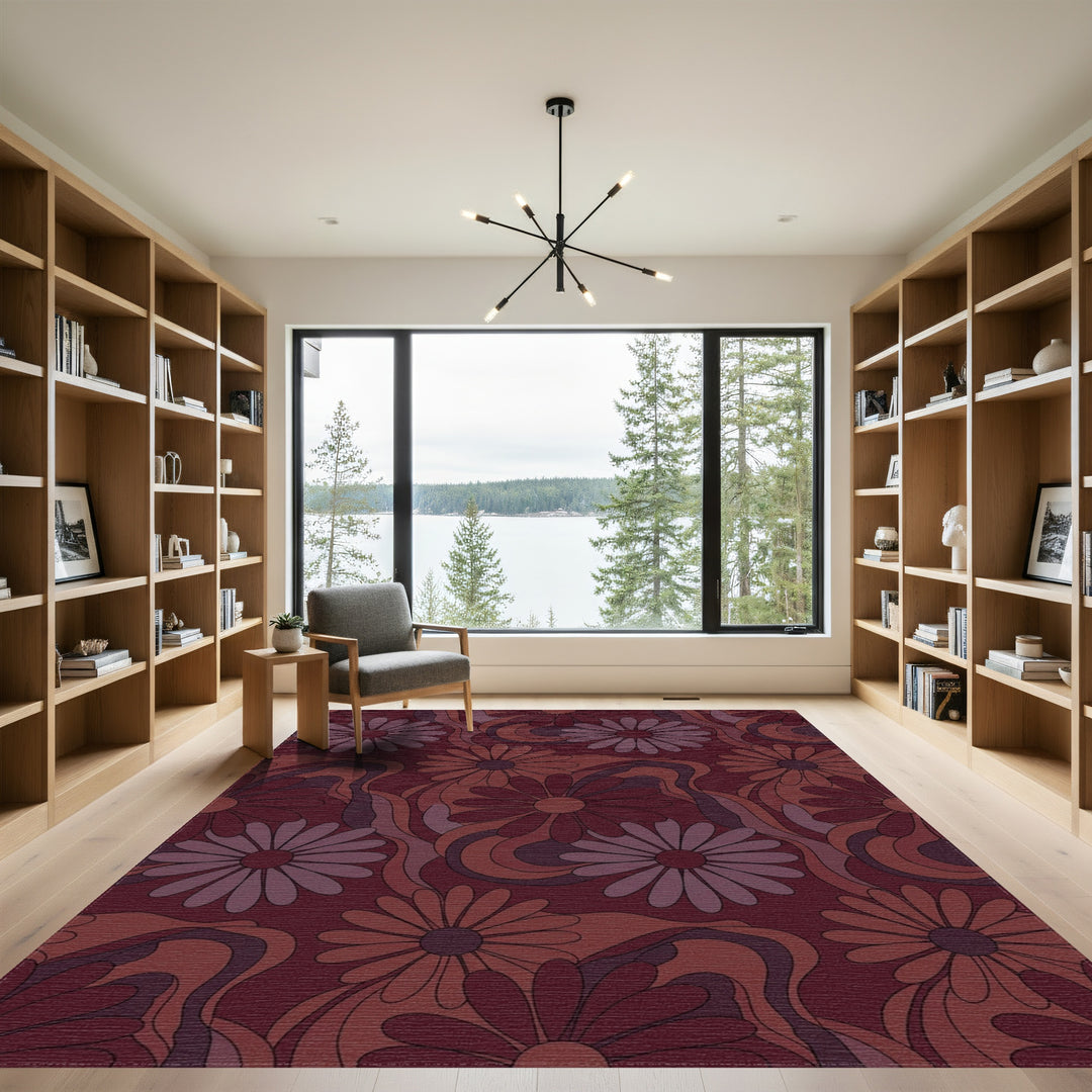 Retro Burgundy Floral Swirl Rug