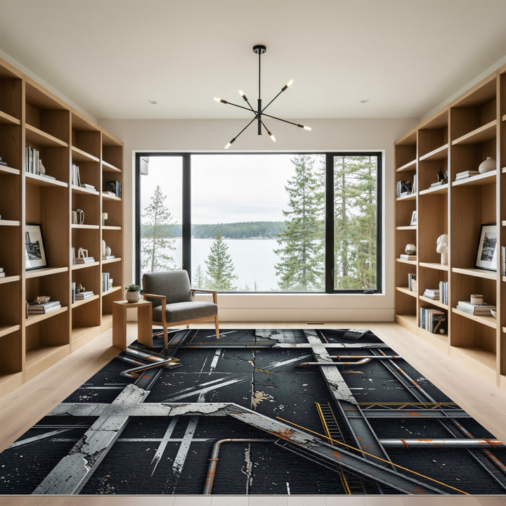Industrial Gritty Concrete Metal Pipes Rug