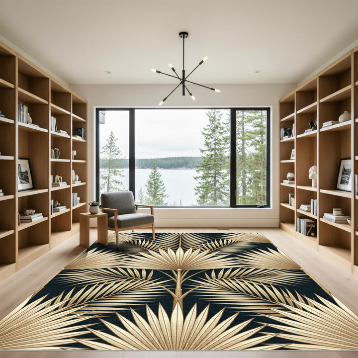 Golden Palm Fronds Art Deco Rug