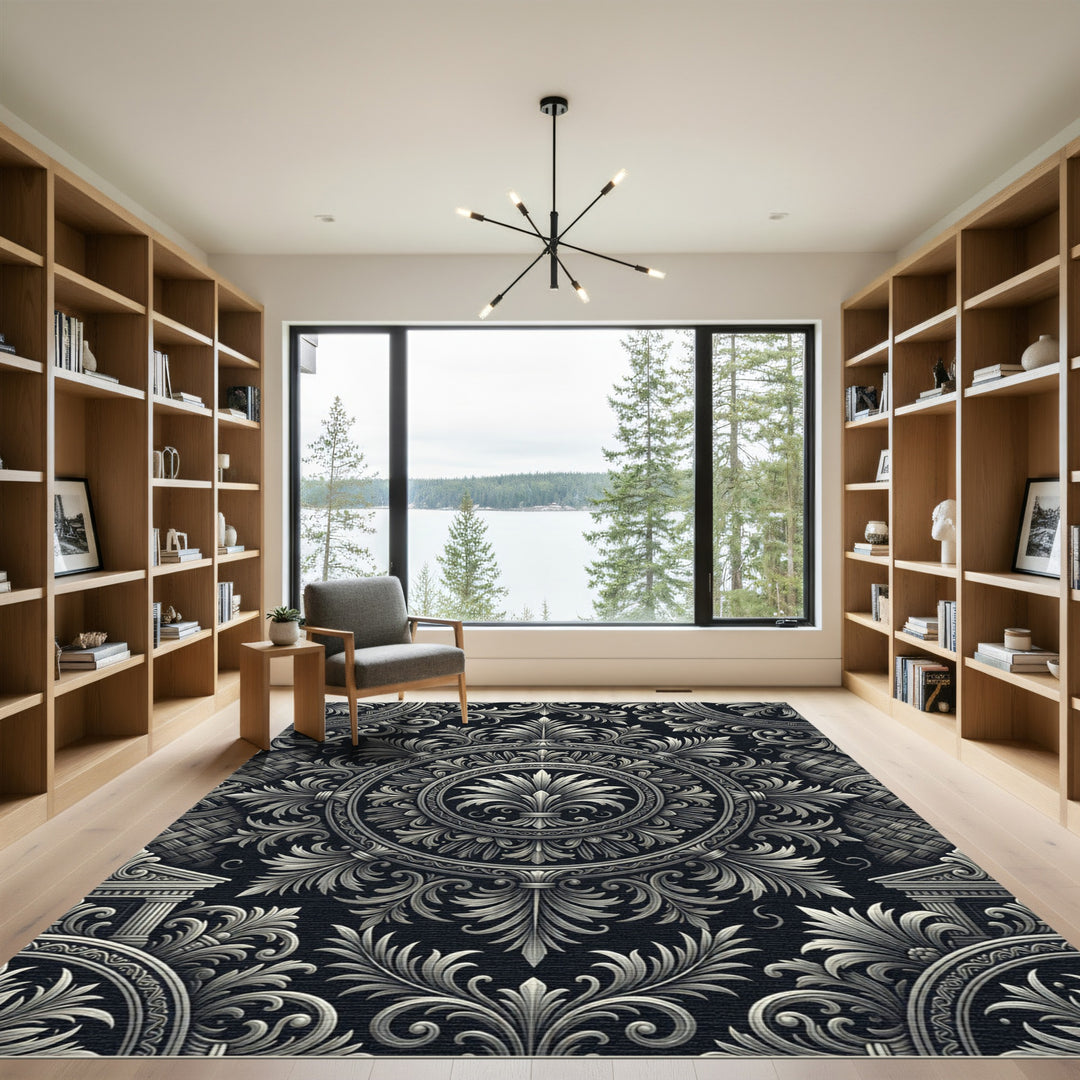 Ornate Black and White Scrollwork Rug