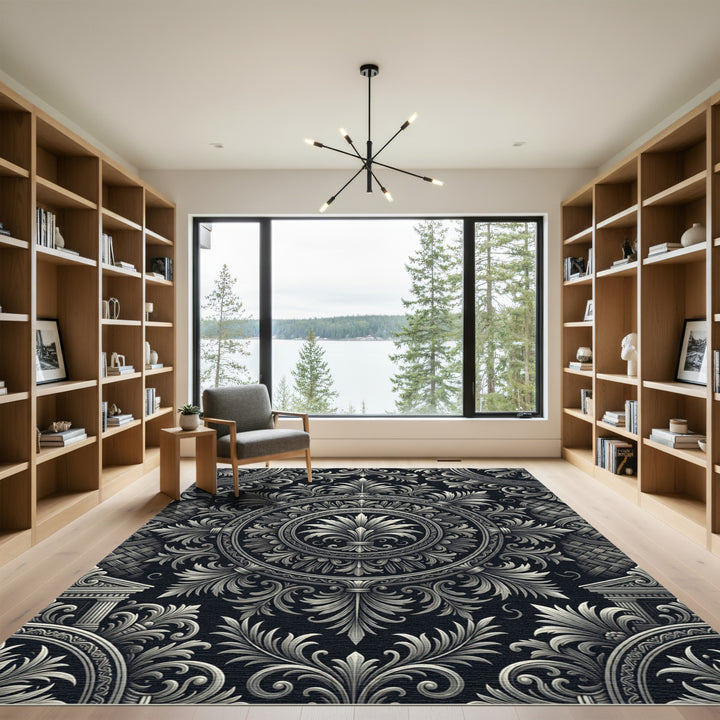 Ornate Black and White Scrollwork Rug