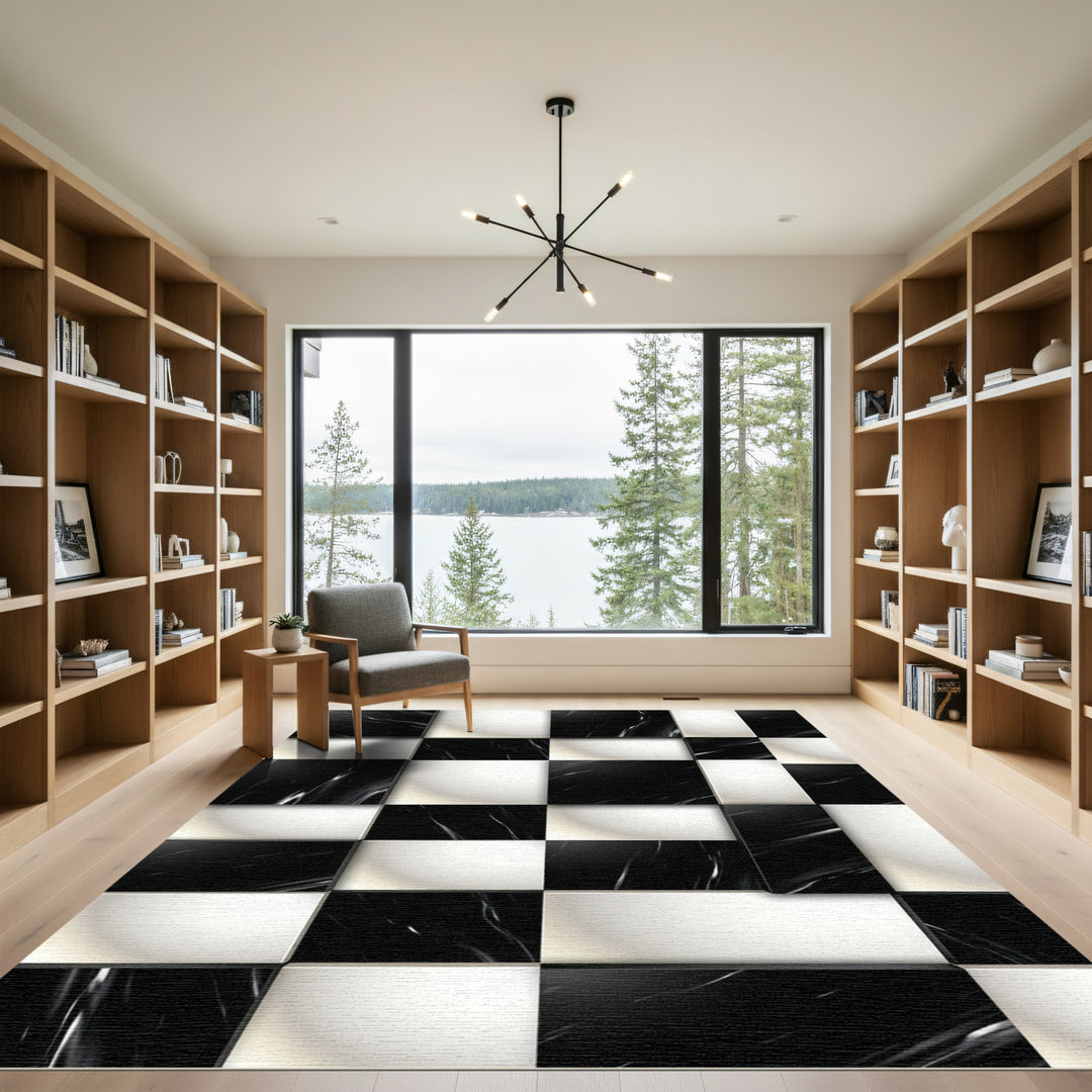 Modern Black White Marble Checkered Rug