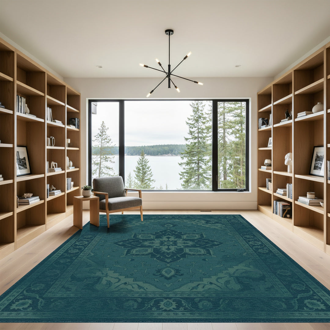 Deep Teal Intricate Botanical Frame Rug