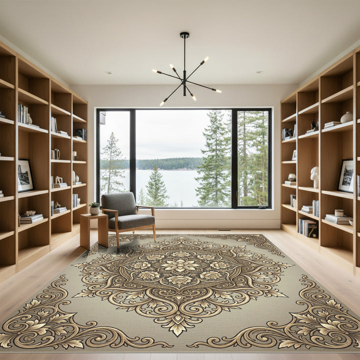 Elegant Golden Blossom Mandala Rug