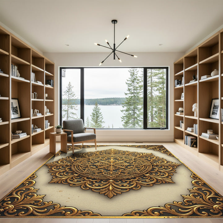 Ornate Golden Filigree Mandala Rug
