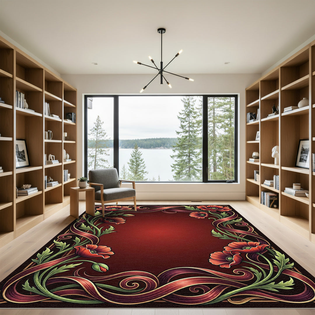 Crimson Red Poppy Floral Swirl Frame Rug