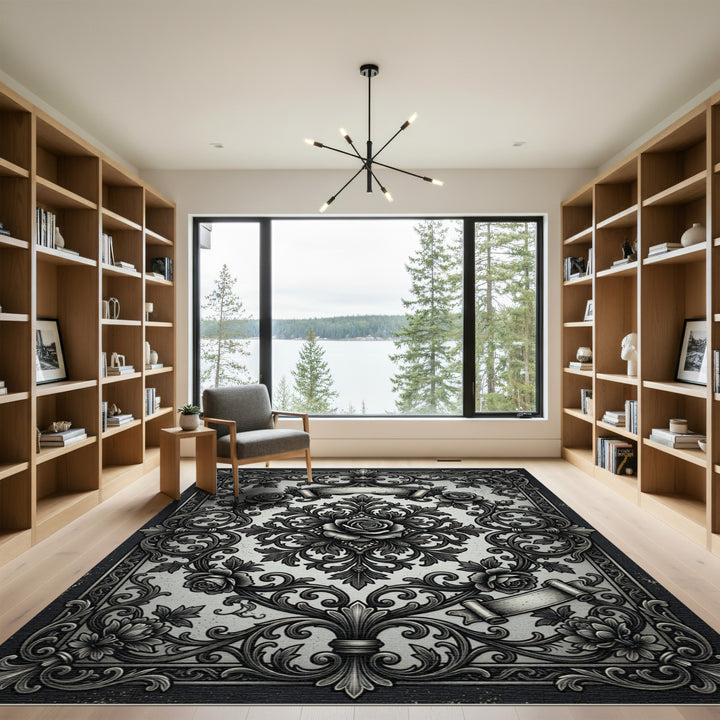 Ornate Black Rose Scrollwork Rug