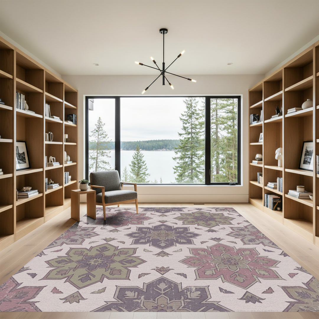 Distressed Floral Medallion Purple Green Rug