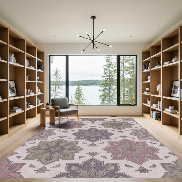Distressed Floral Medallion Purple Green Rug