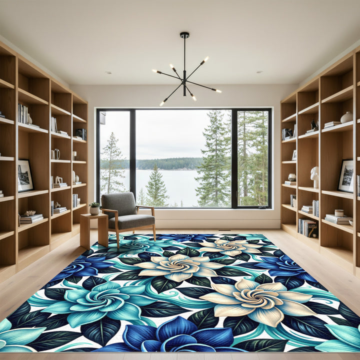 Chic Blue Floral Water Swirl Rug