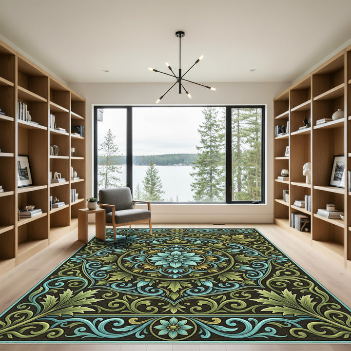 Ornate Teal and Gold Floral Mandala Rug