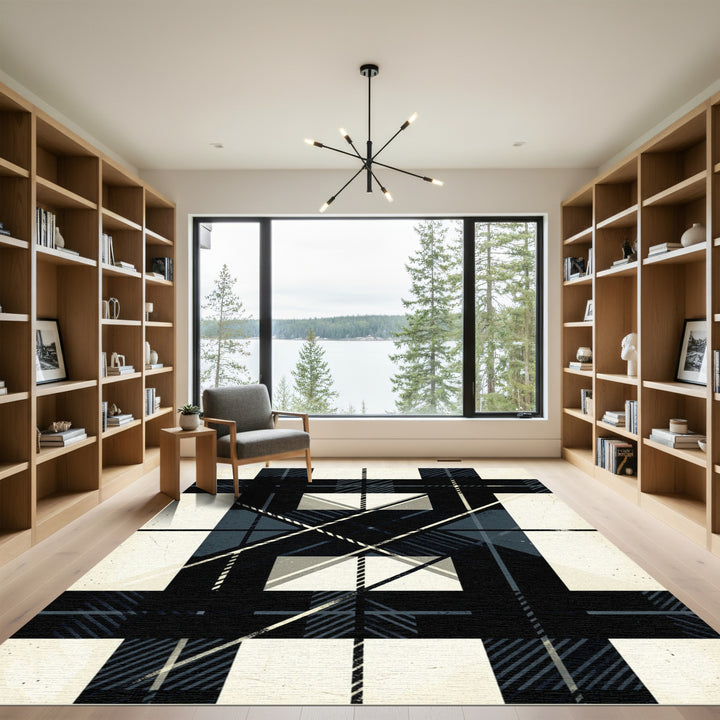 Bold Black White Plaid Geometric Rug