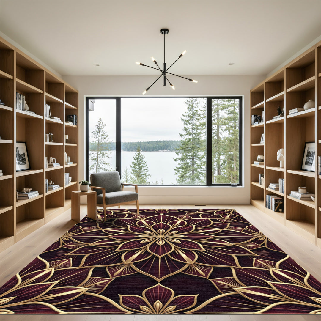 Rich Maroon Gold Art Deco Floral Rug