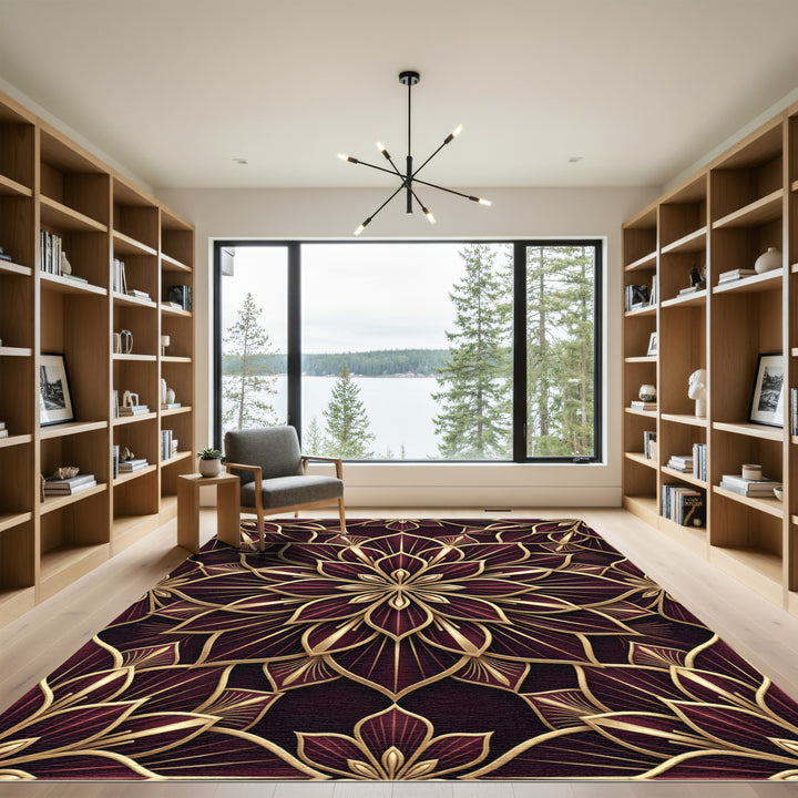 Rich Maroon Gold Art Deco Floral Rug
