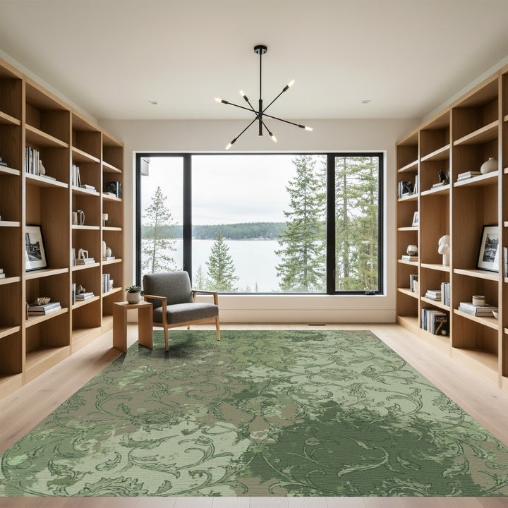 Distressed Green Floral Scroll Rug