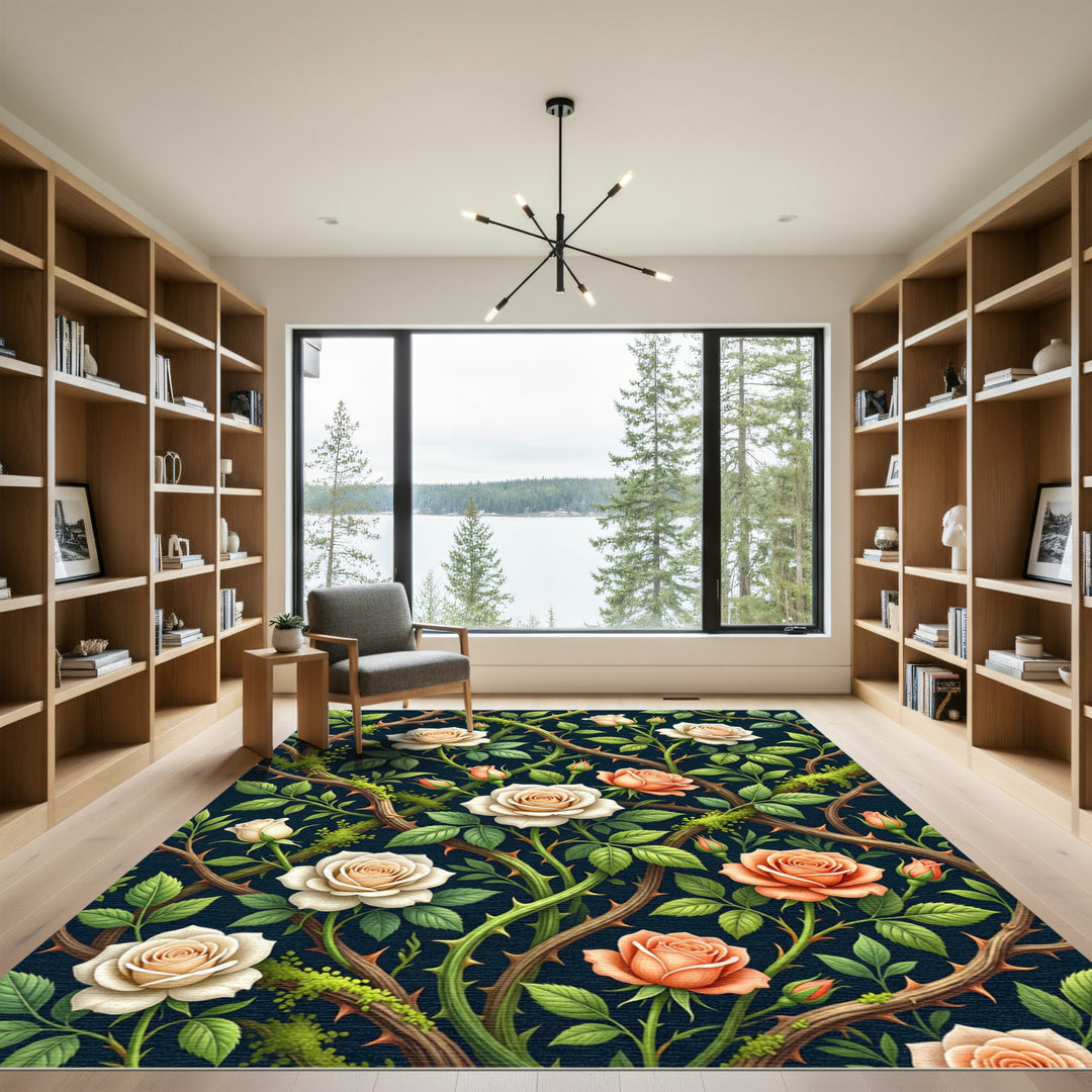 Cream Coral Rose Vine Floral Rug