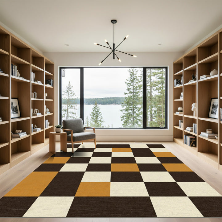 Retro Ochre Black White Check Rug
