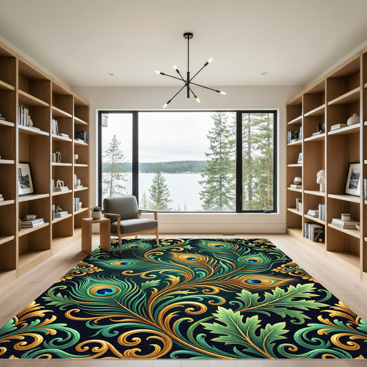 Elegant Gold Teal Peacock Feathers Rug