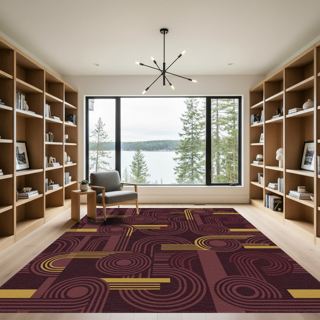 Retro Burgundy Golden Geometric Abstraction Rug