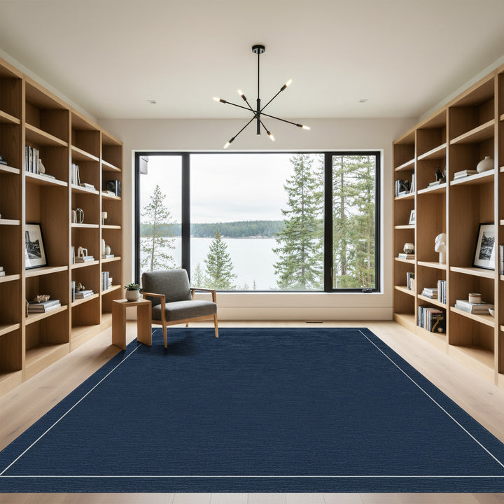 Deep Navy Border Geometric Rug