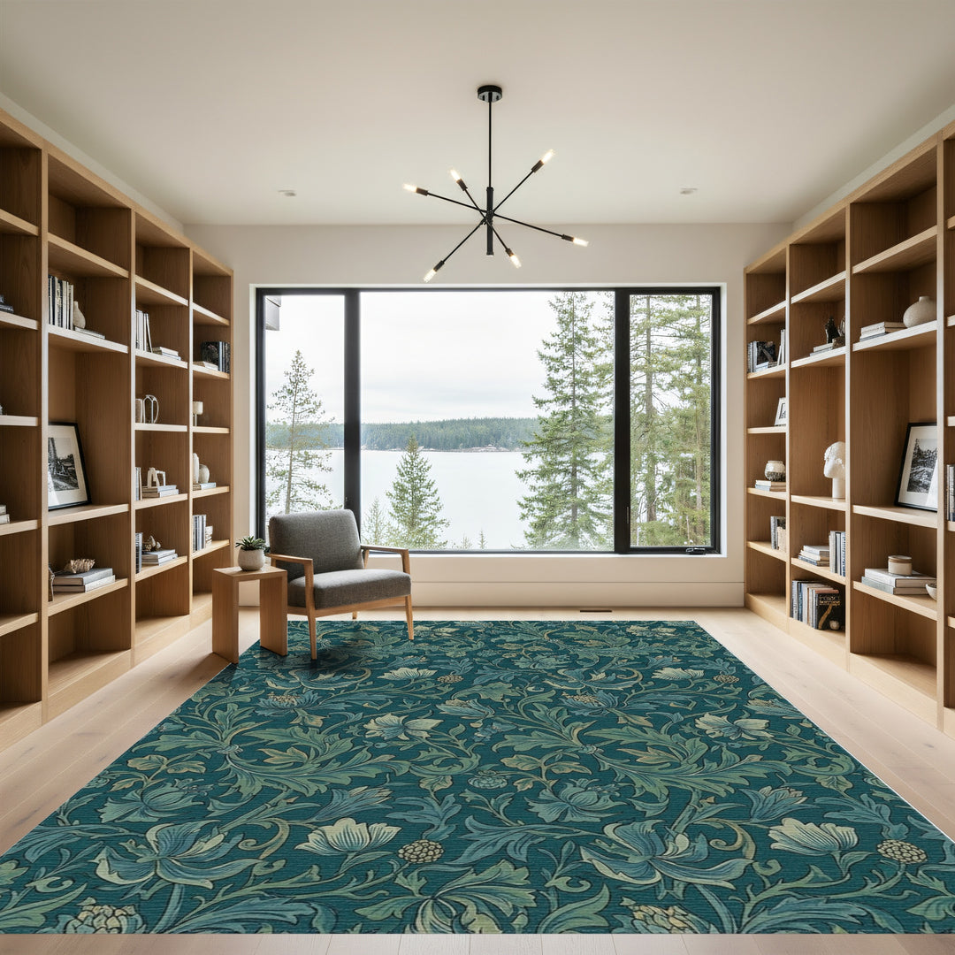 Teal Floral Scroll Garden Rug