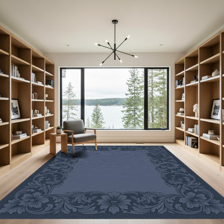 Deep Blue Floral Scroll Border Rug