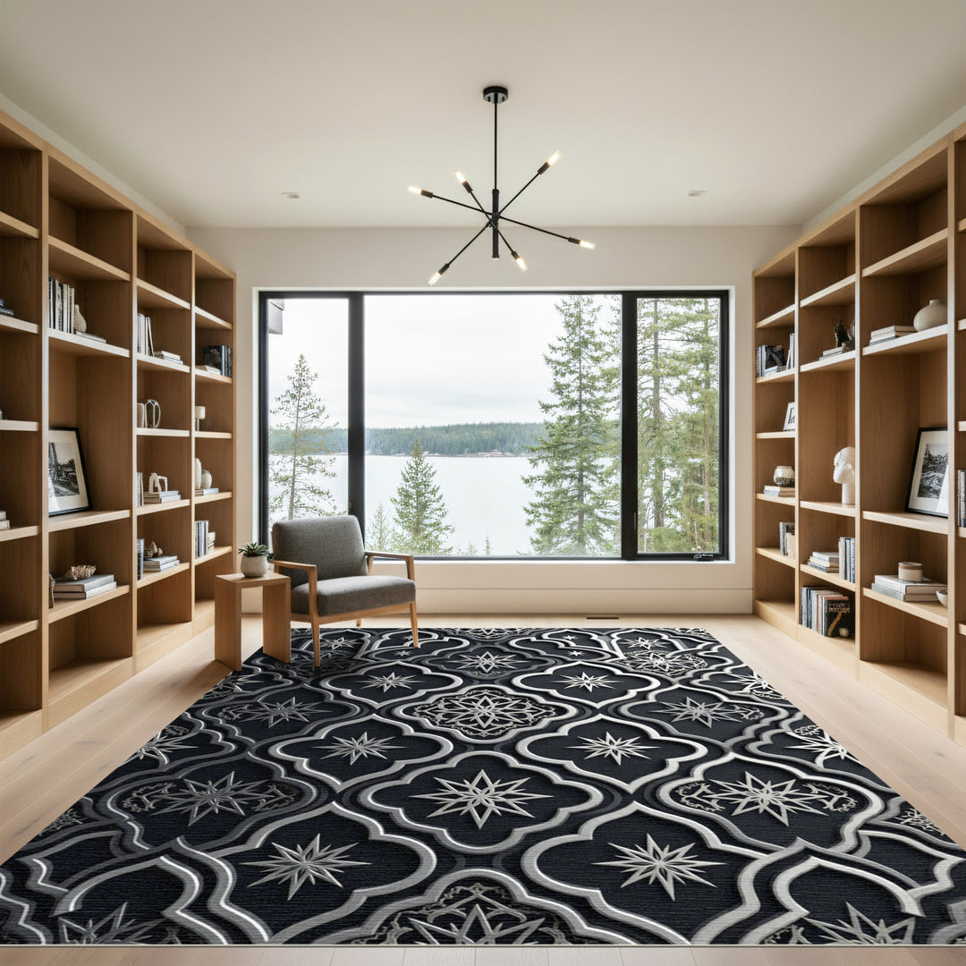 Black Silver Starburst Quatrefoil Rug