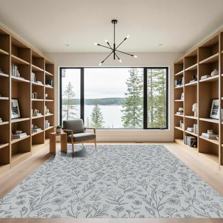 Delicate Gray Floral Botanical Garden Rug