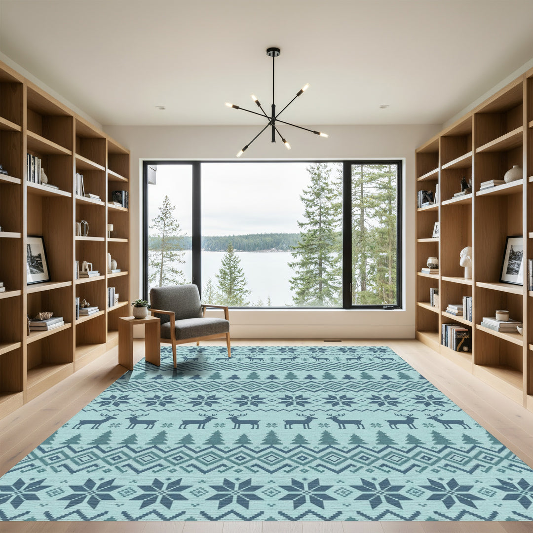 Nordic Blue Deer Snowflake Forest Rug