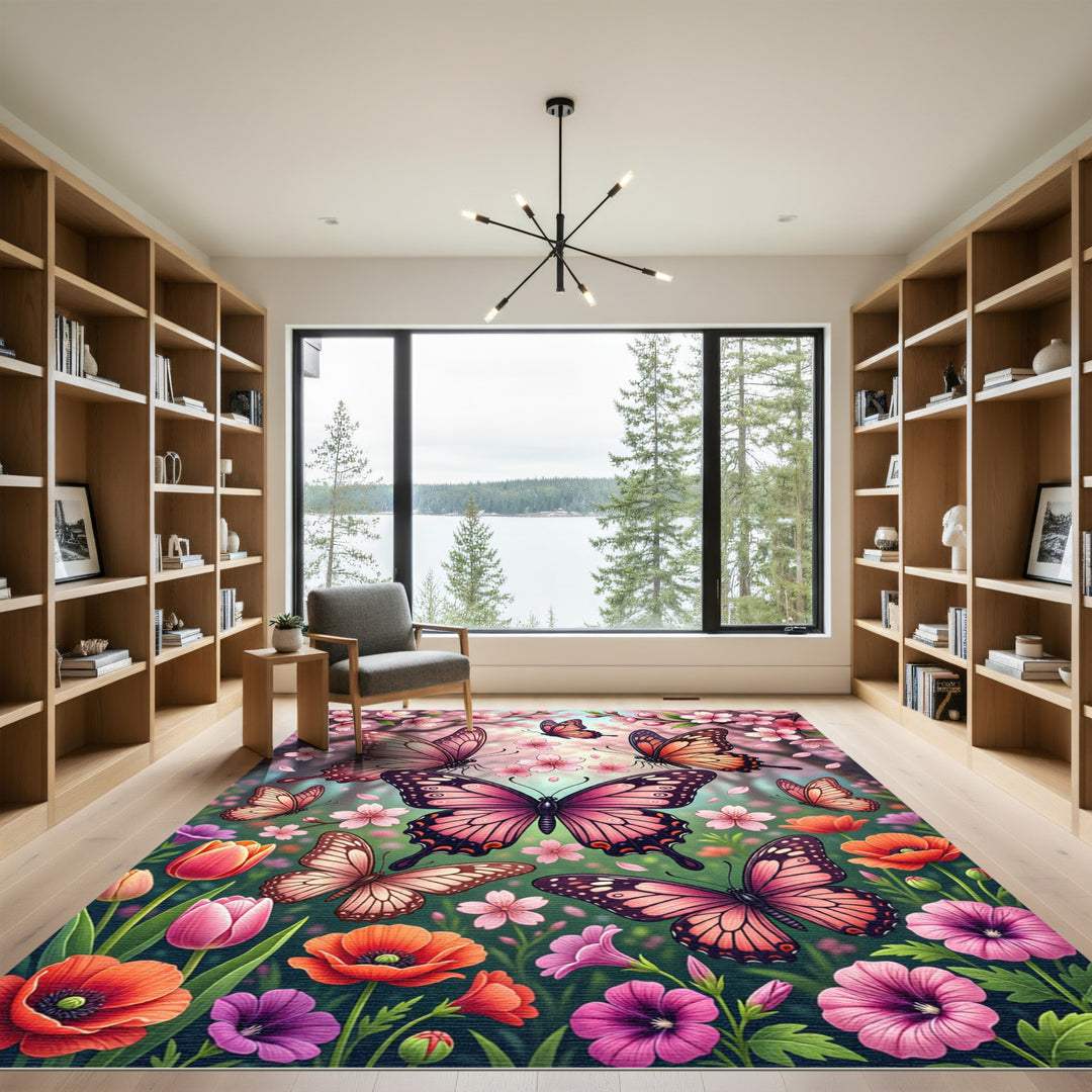 Pink Butterflies And Cherry Blossoms Rug