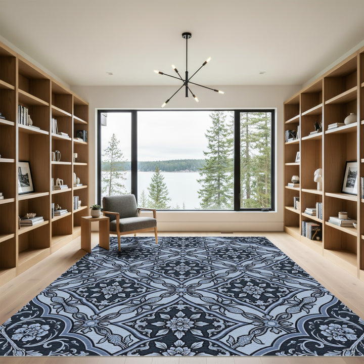Slate Blue Paisley Floral Lattice Rug