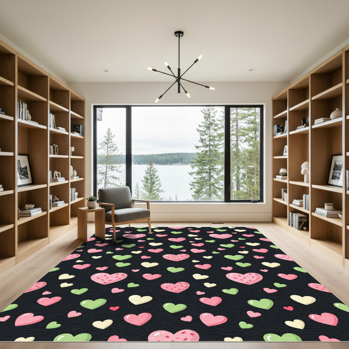 Cute Pink Green Hearts Black Background Rug