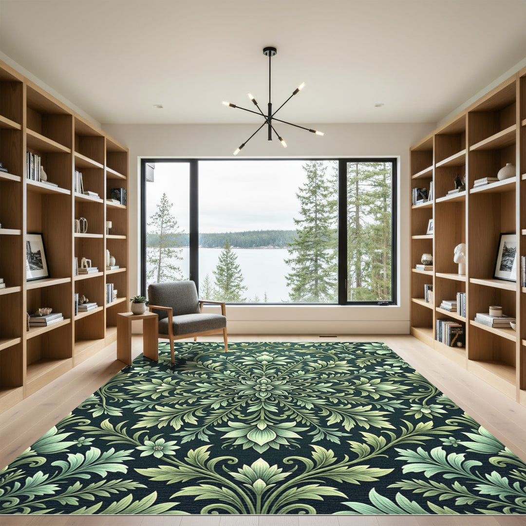 Teal Green Floral Scroll Medallion Rug
