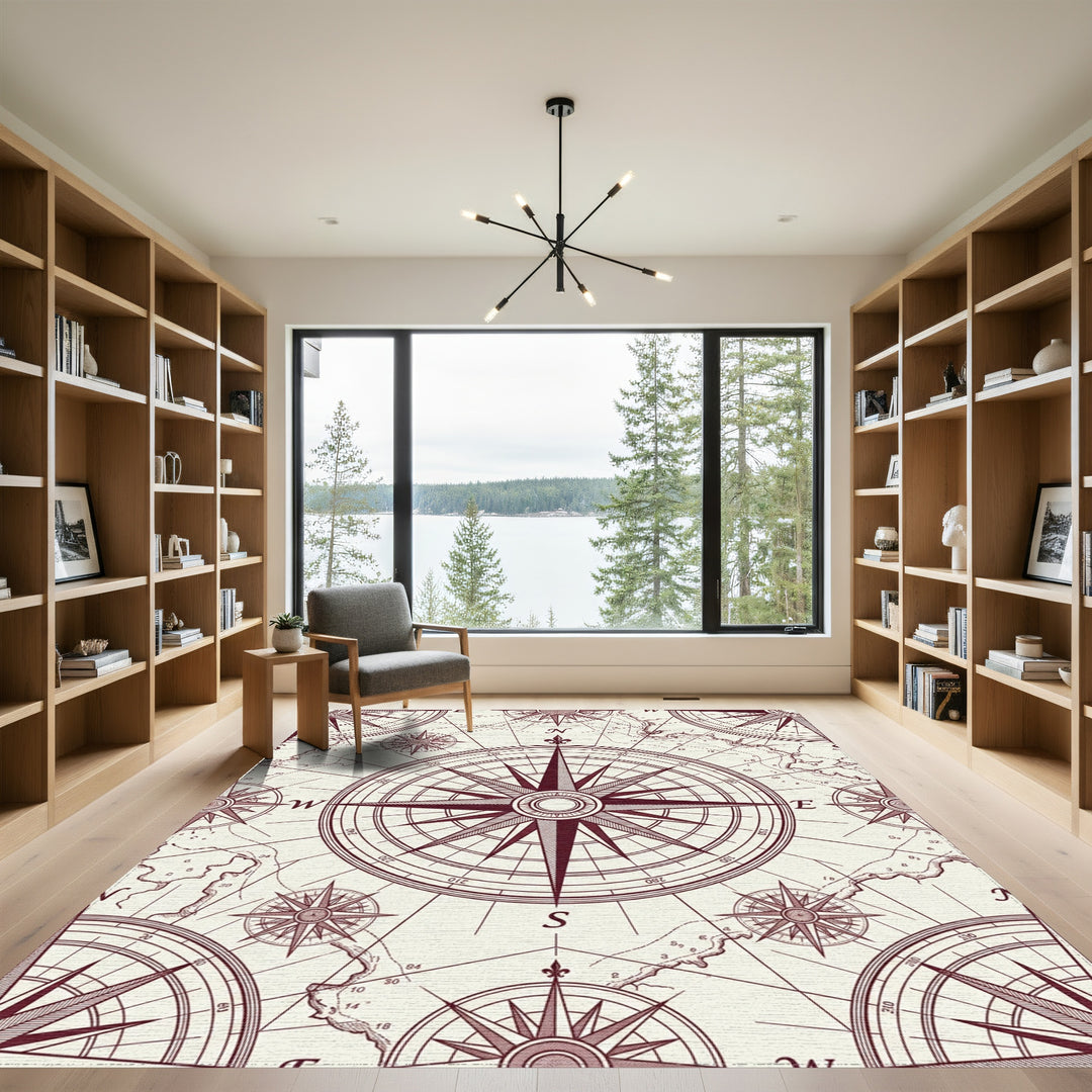 Vintage Maroon Compass Rose Map Rug