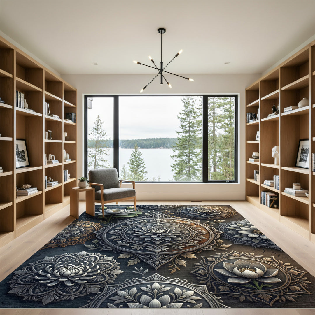 Intricate Silver Lotus Blossom Mandalas Rug