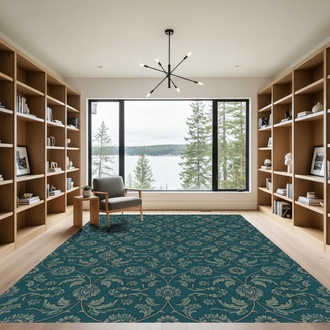 Deep Teal Floral Lattice Medallion Rug