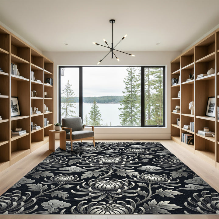 Elegant Chinoiserie Chrysanthemum Garden Rug