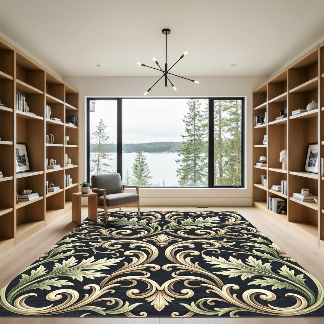Elegant Golden Leaf Scroll Rug