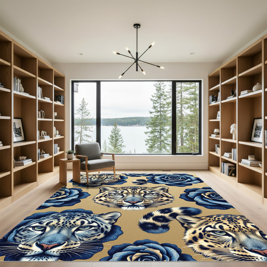 Leopard Blue Rose Floral Rug