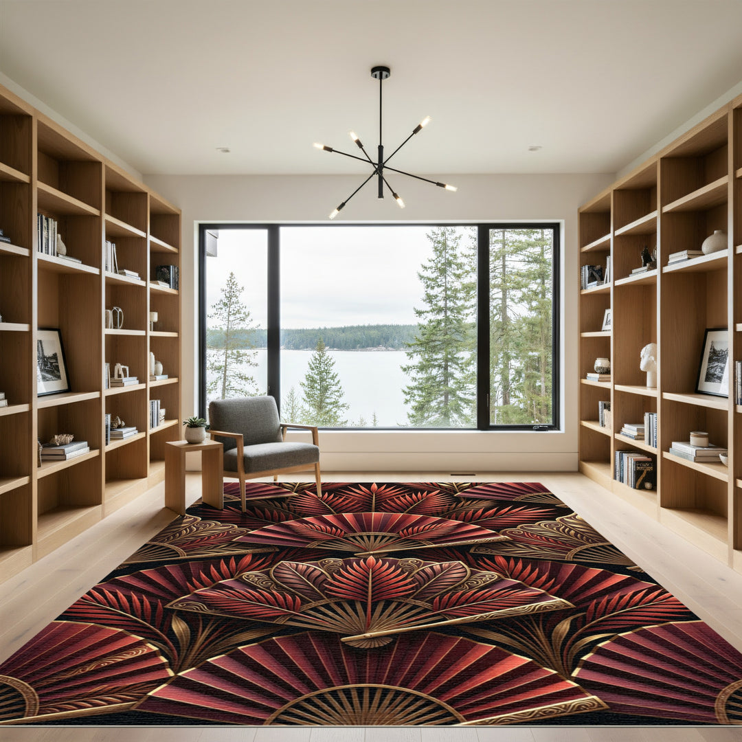 Art Deco Red Gold Fan Palm Rug