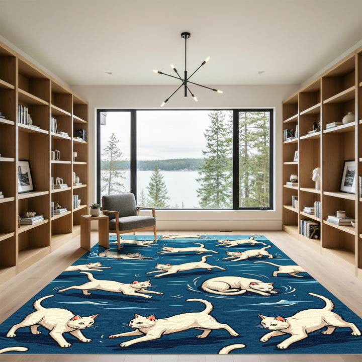 Playful White Cats Aquatic Pattern Rug