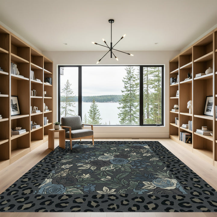 Moody Blue Floral Leopard Border Rug