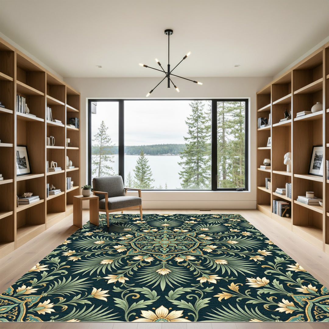 Deep Teal Floral Fern Mandala Rug