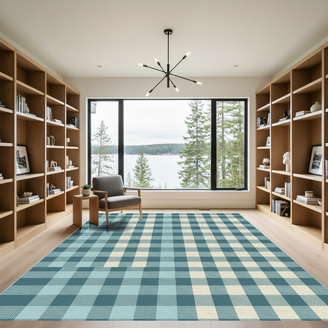 Teal Cream Checkered Comfort Rug