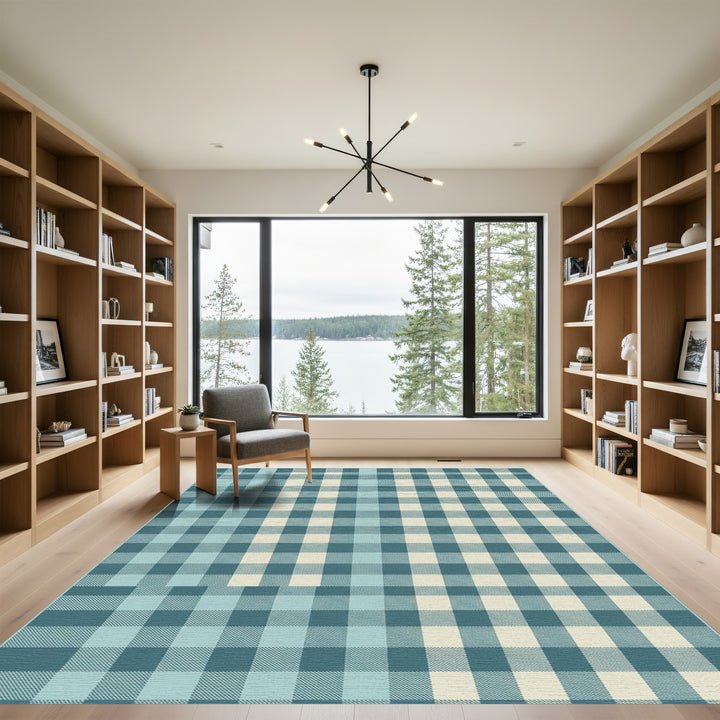 Teal Cream Checkered Comfort Rug