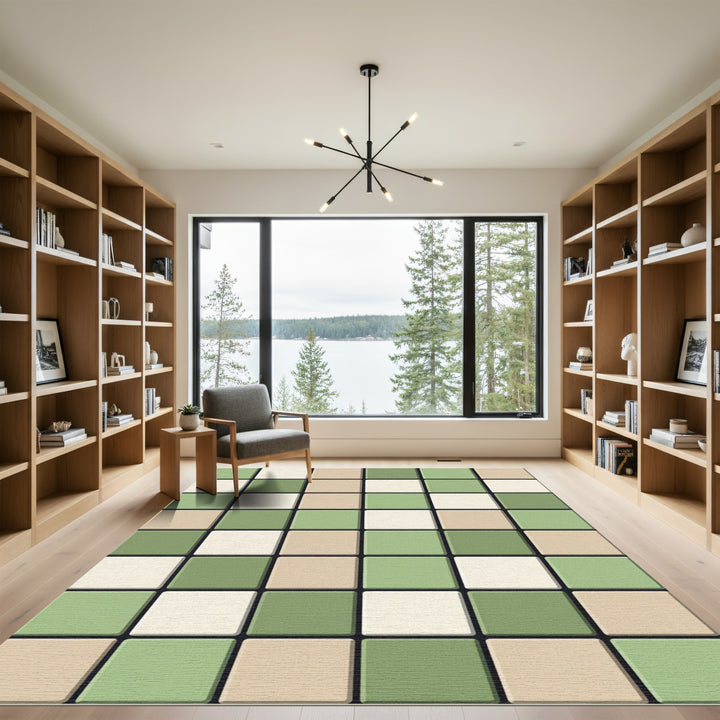 Modern Green Beige Checkerboard Rug