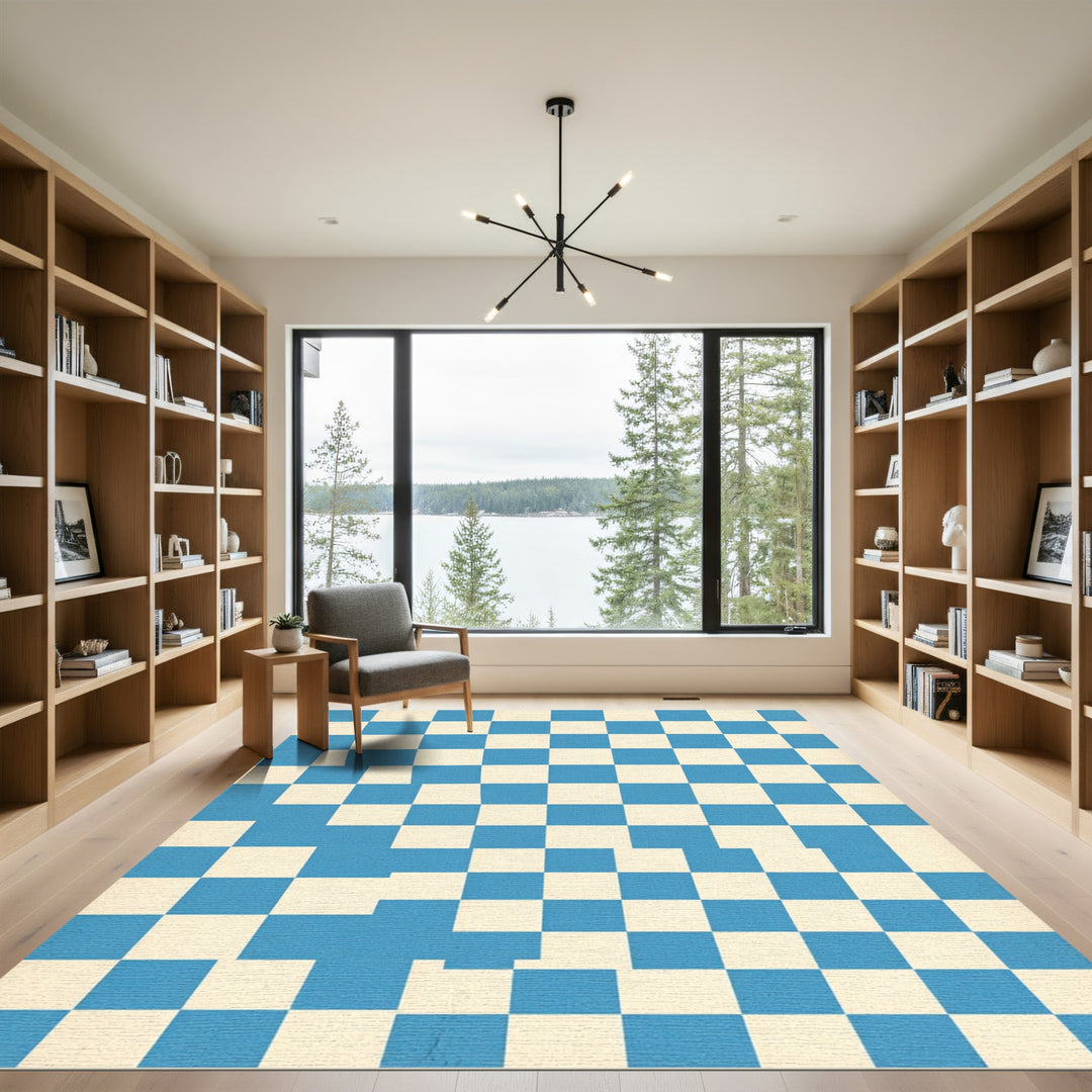 Blue Cream Checkerboard Abstract Squares Rug