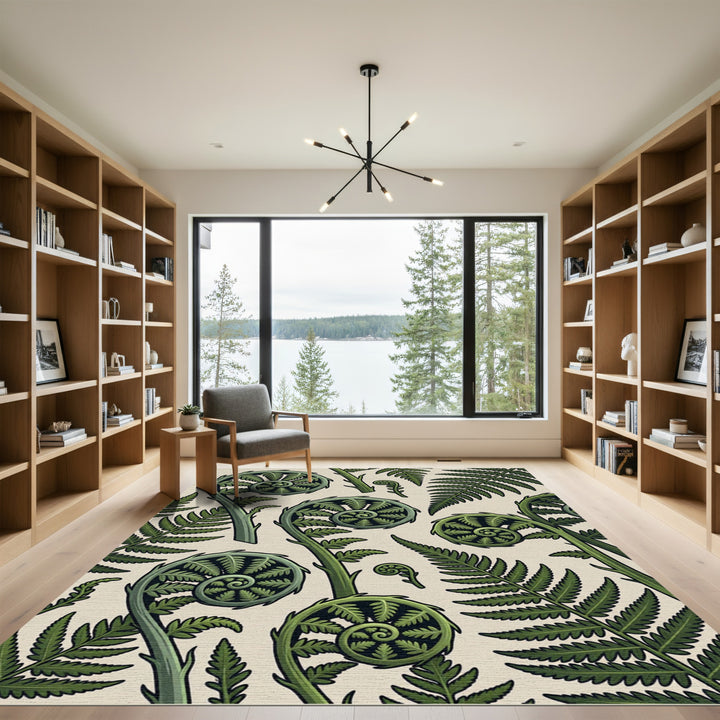 Green Fern Frond Spirals Botanical Rug
